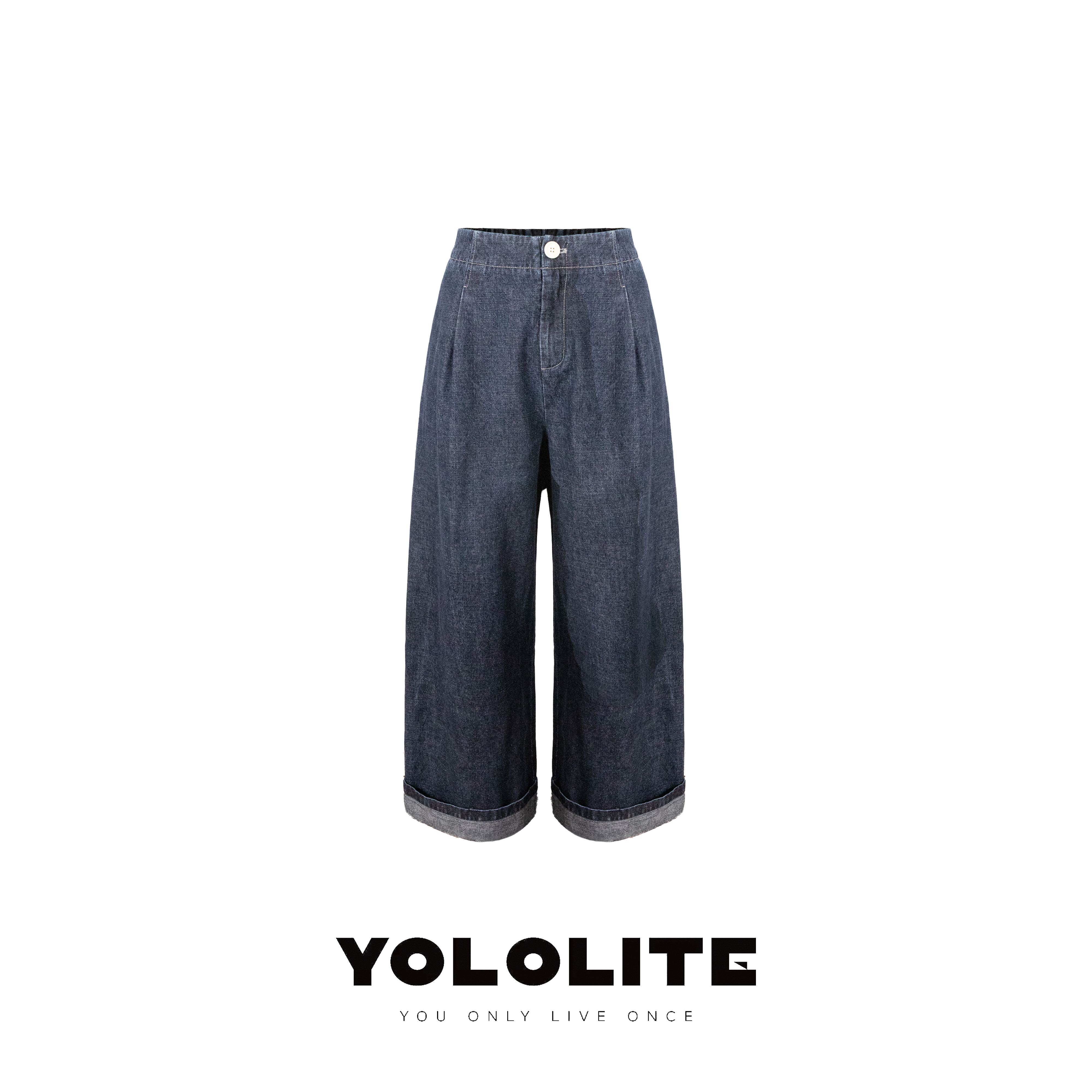 YOLOLITE【松弛假日】2509夏季后松紧腰深蓝色牛仔裤宽松阔腿长裤
