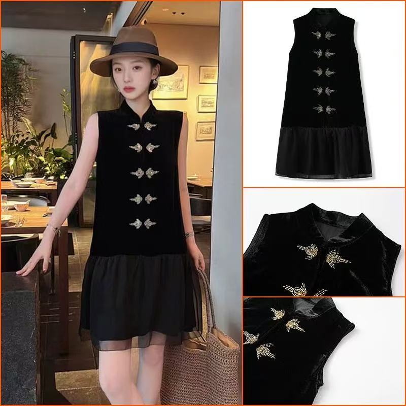 1068#高级感黑色荷叶边连衣裙复古气质宽松圆领短袖小黑裙夏