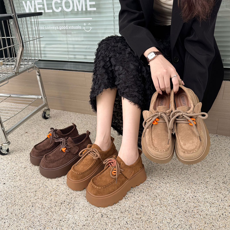 欧货磨砂皮厚底乐福鞋女2025秋季新款小个子增高圆头系带松糕单鞋