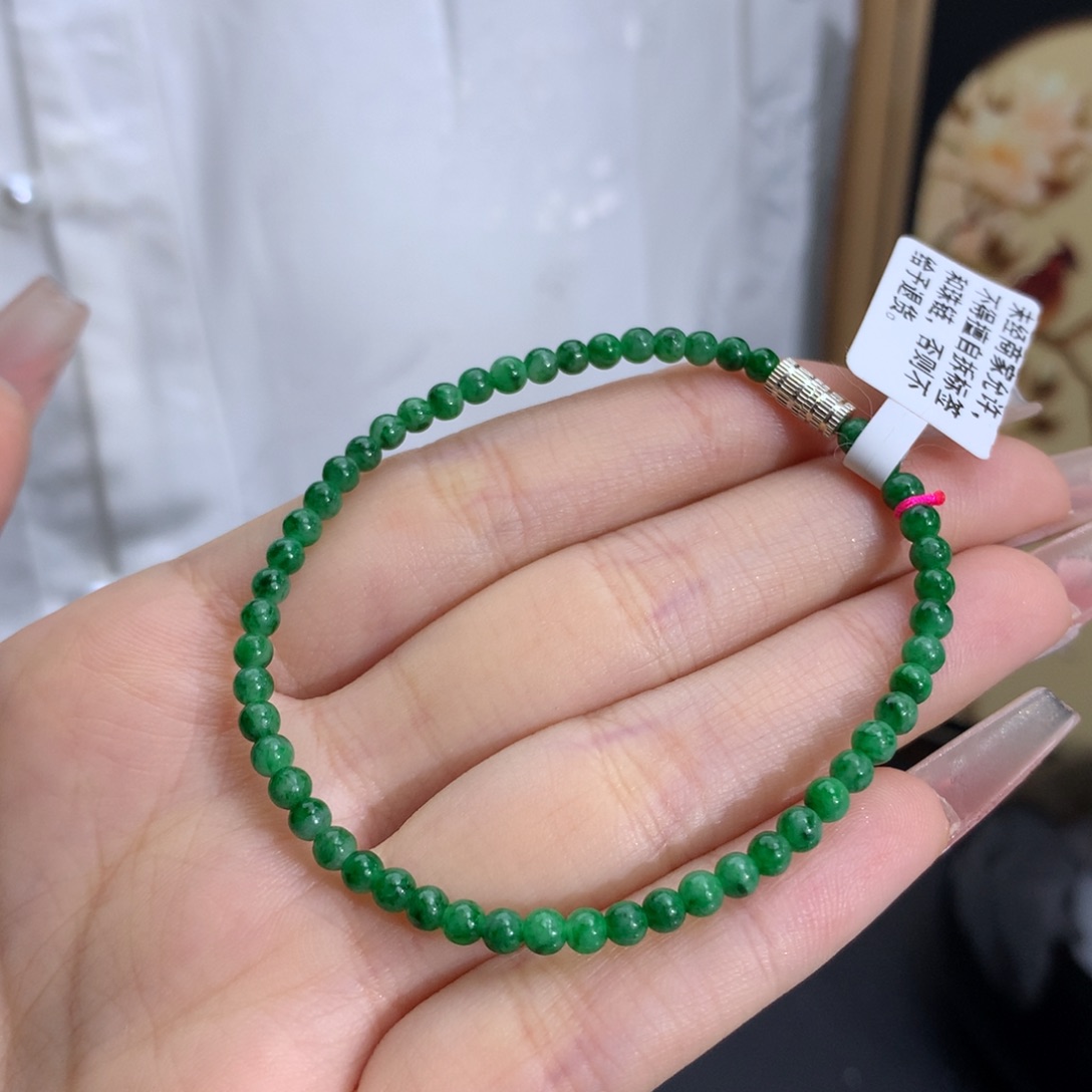 翡翠手链未镶嵌卡3.4冰润辣绿花