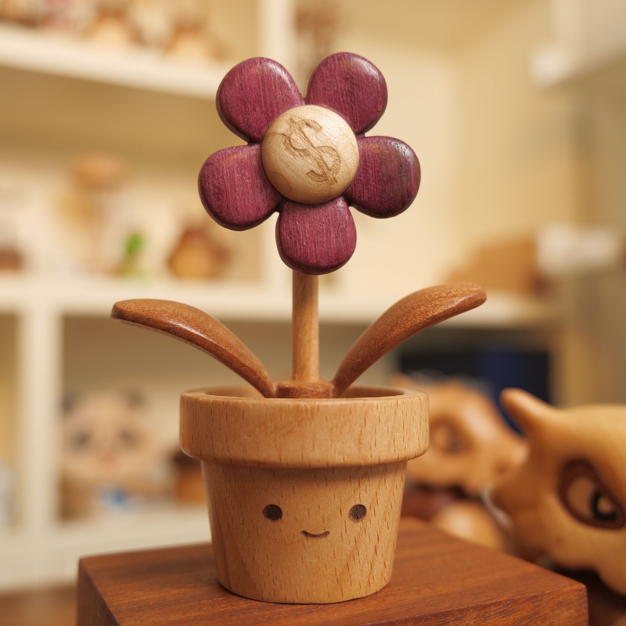 纯实木拼接 有钱花 小众高级木雕摆件可爱礼物创意