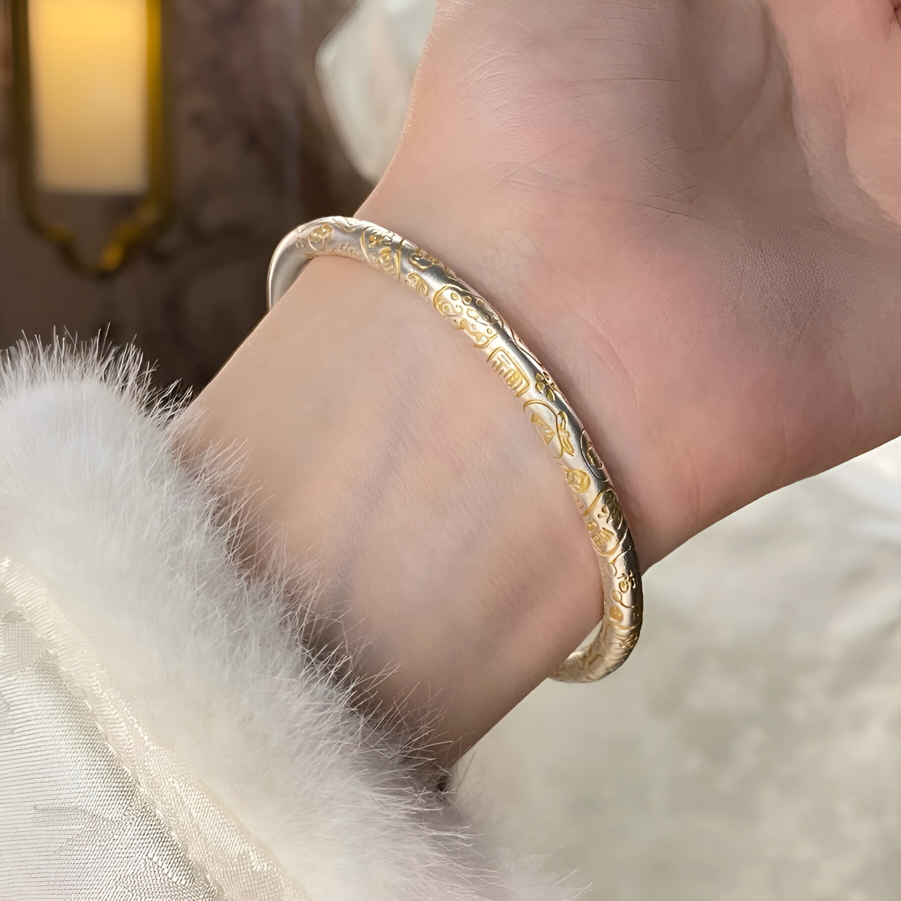 足银手镯 A158足银999.9【小描金】描金圆棍闭口时尚纯银手镯ins