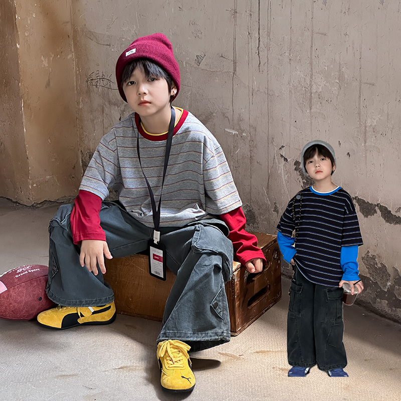 【依妈家】新品男童秋季撞色拼接袖儿童上衣条纹全棉长袖T恤25F114