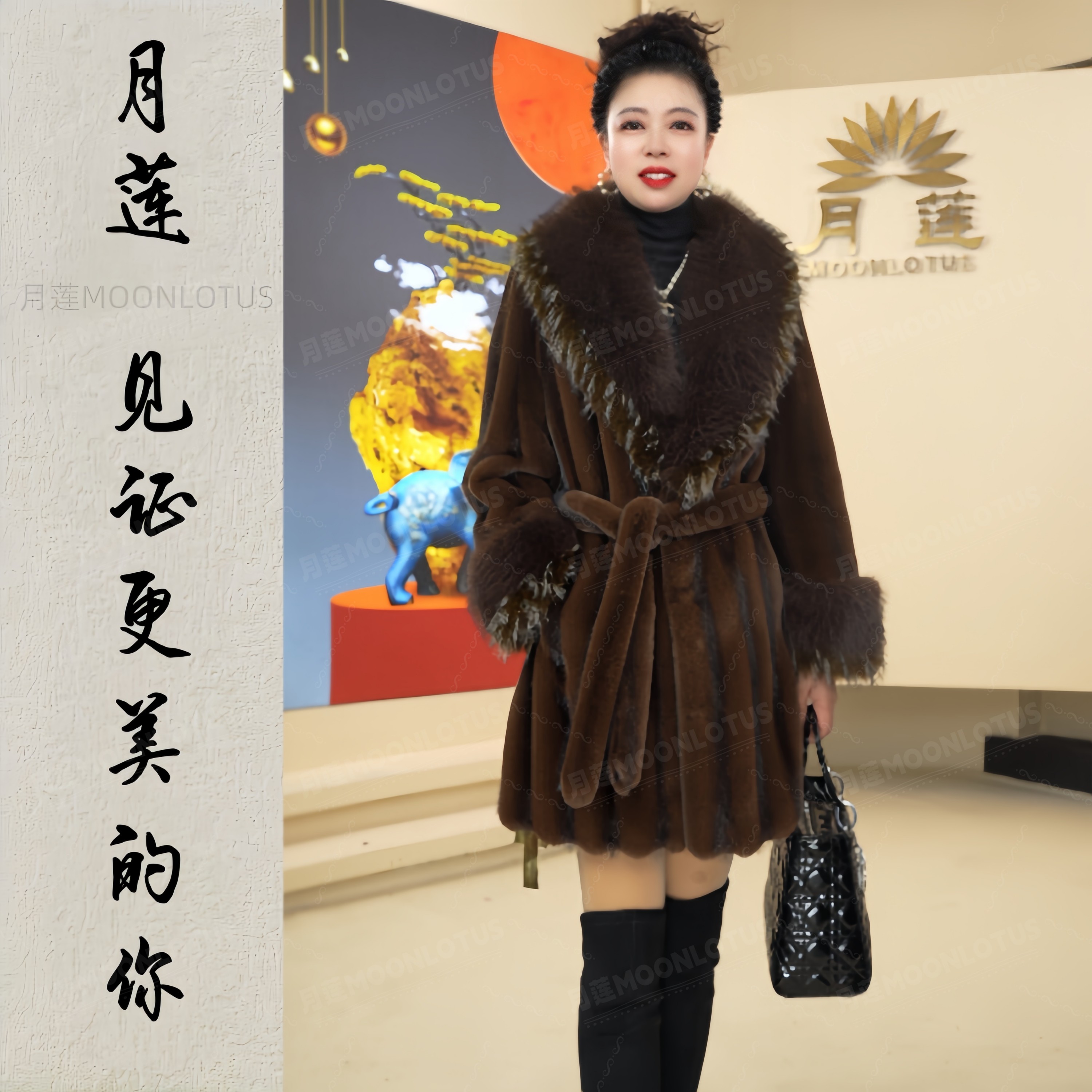 【莲姐】89007  裘衣风华 高级大毛领奢华气质中长款毛毛外套冬季