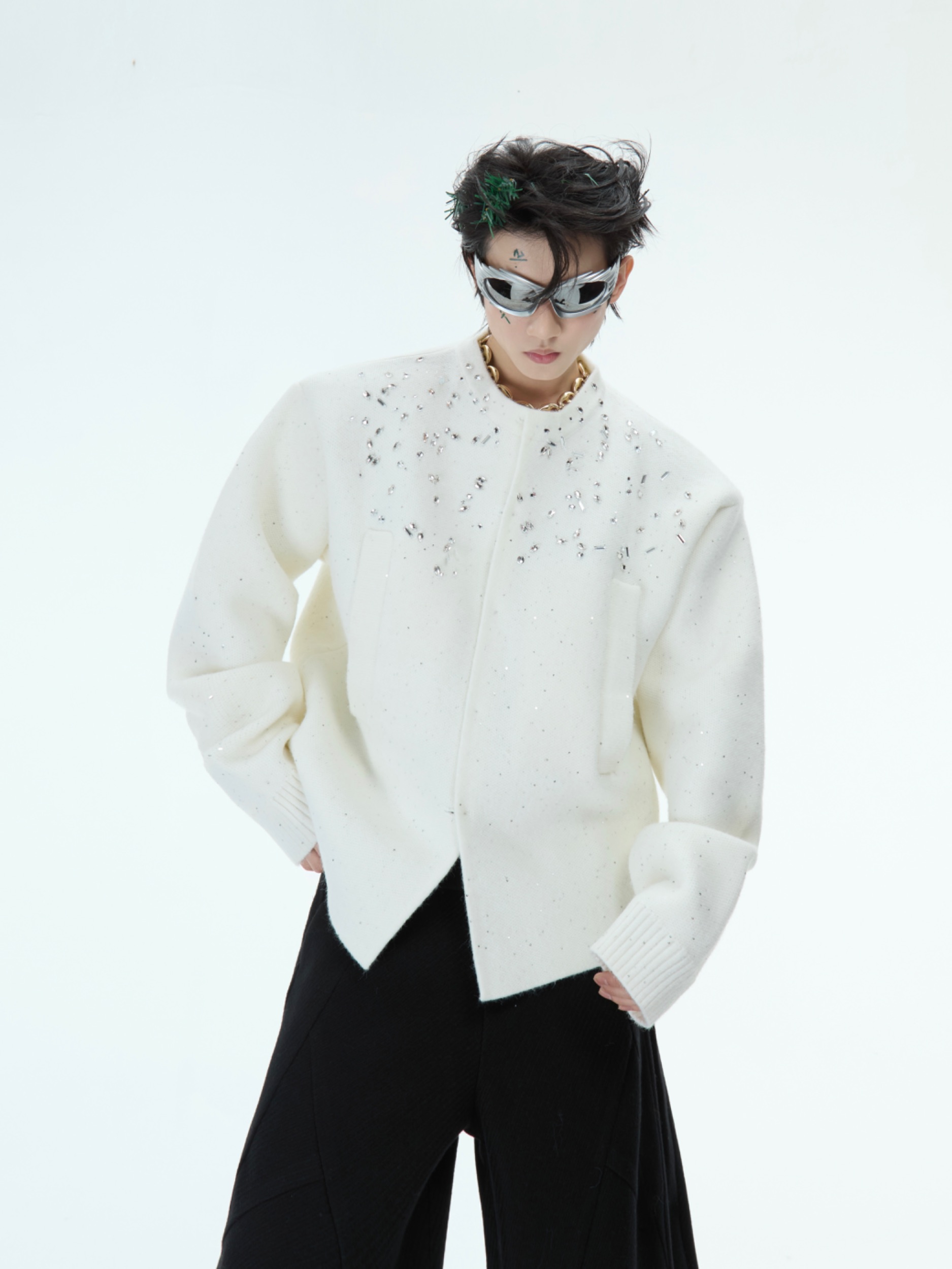 小众白色细闪镶钻毛衣开衫男款秋季痞帅高级感cleanfit针织衫外套