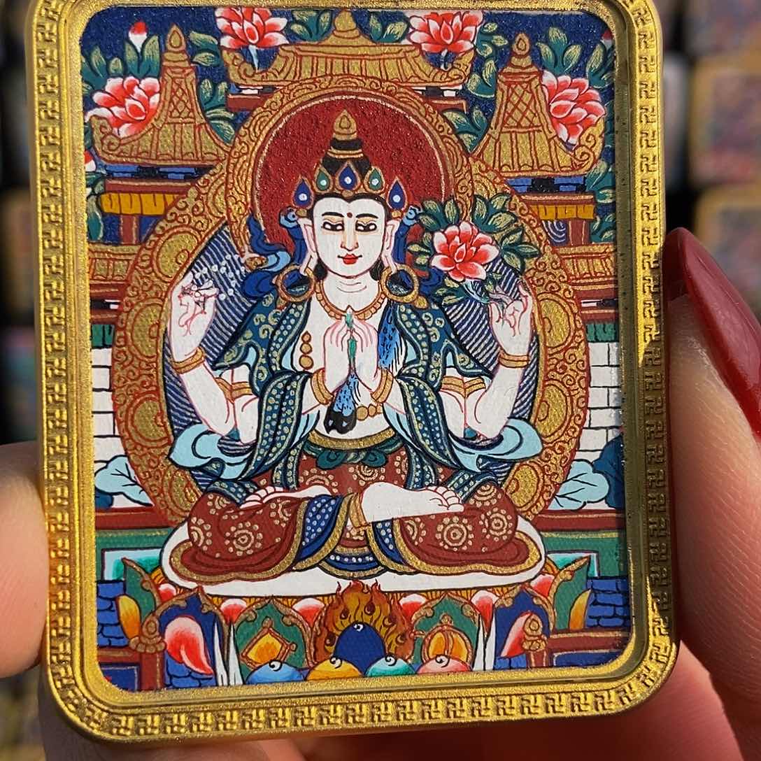 吊坠湛*四臂观音热贡纯手绘唐卡