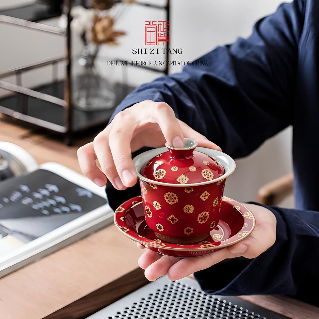 故宫红琵琶纹盖碗高档茶杯陶瓷泡茶碗复古国潮功夫茶具三才盖碗