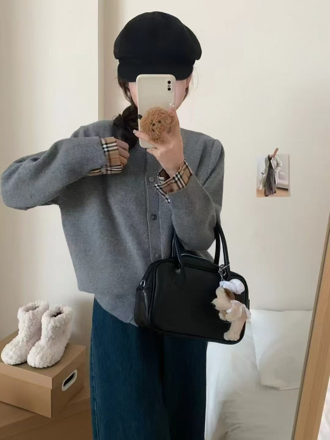 针织格子毛针织衫小马标针织衫开衫灰色上衣圆领女【NO退NO换】