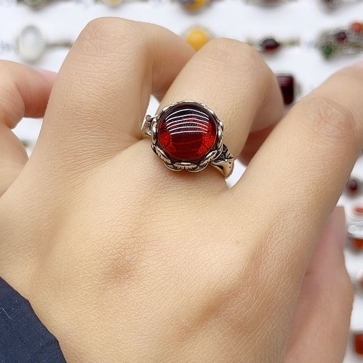 血珀戒指银S925镶嵌天然