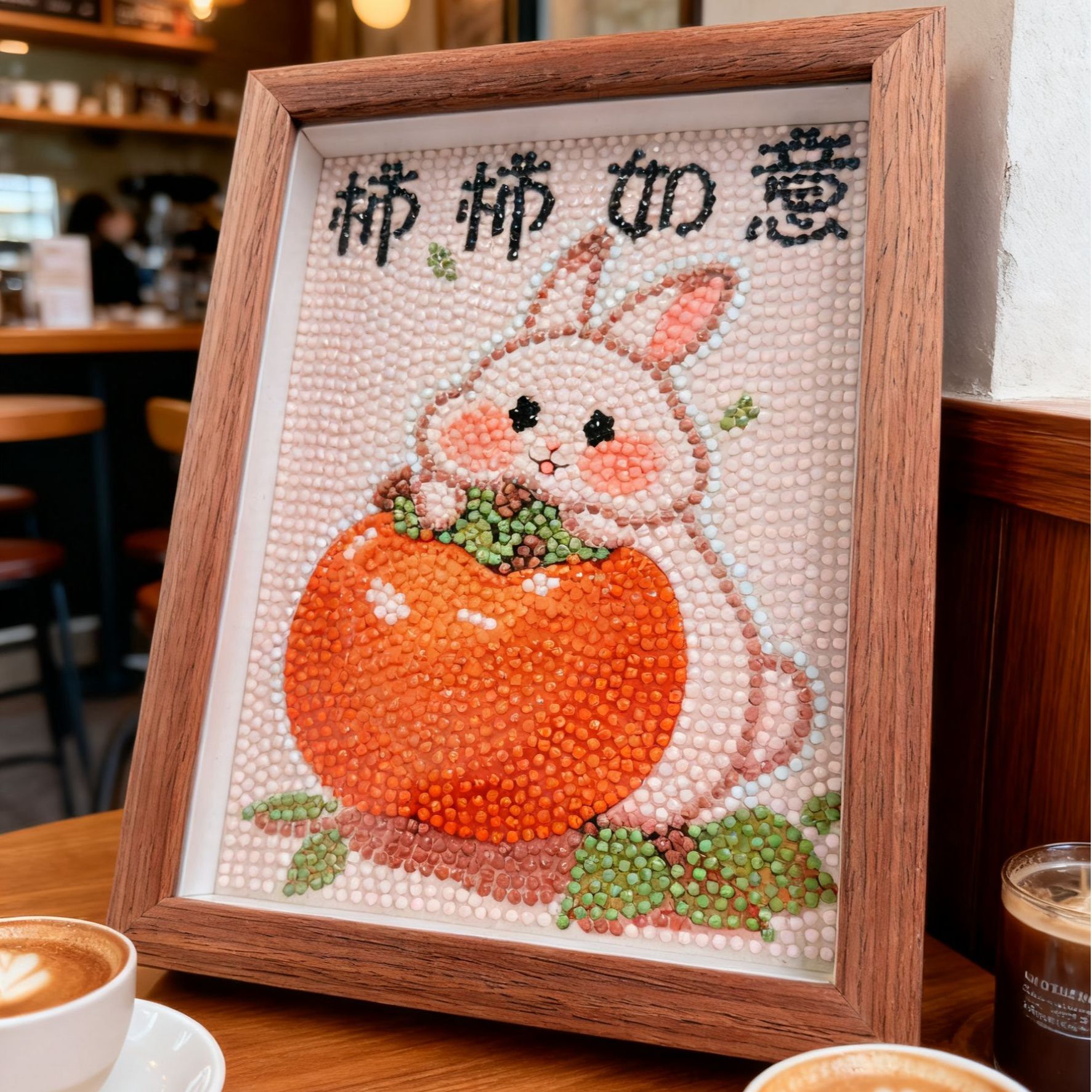 爆火钻石画小兔子柿柿如意手工DIY家居装饰画带胡桃木相框