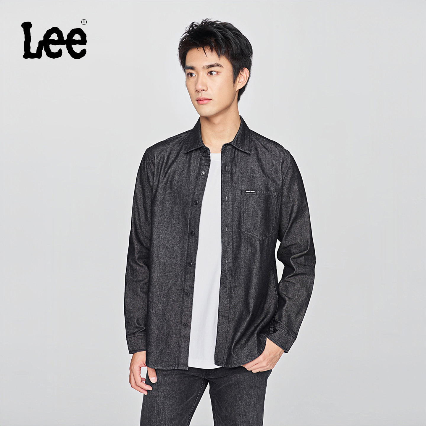 Lee25早秋标准版型翻领小Logo徽标黑灰色男长袖牛仔衬衫休闲