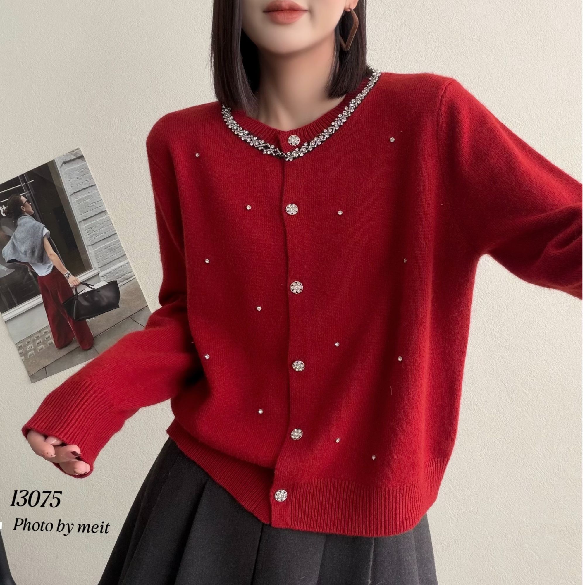 【苗姐优选】镶钻领纯色单排扣针织开衫13075