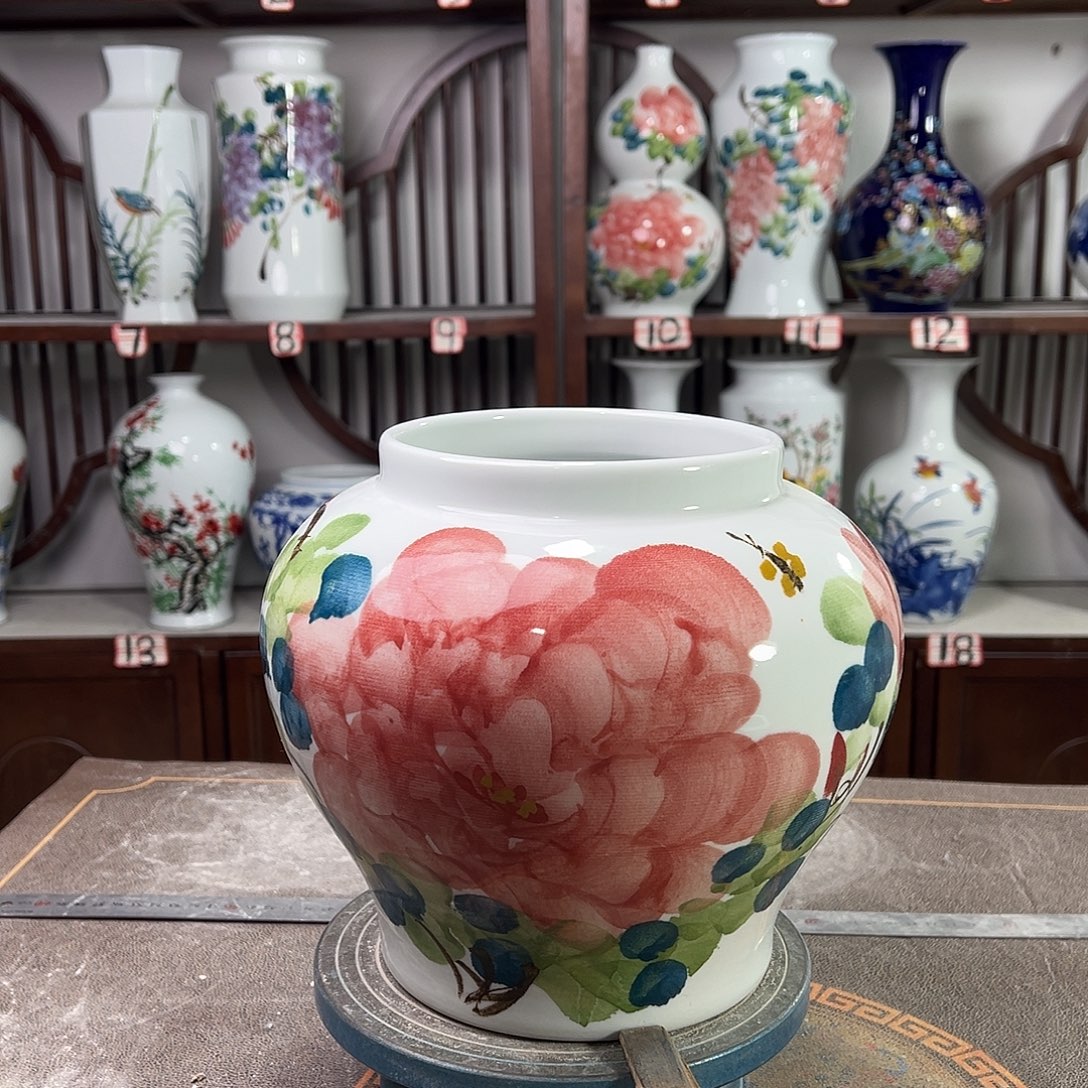 摆件陶景德镇陶瓷大口红牡花