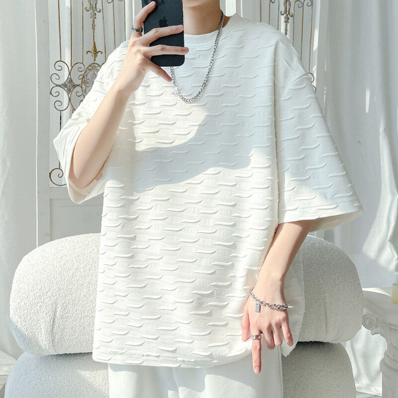 提花白色短袖t恤男士2025新款夏季宽松重磅显瘦七分袖加大码