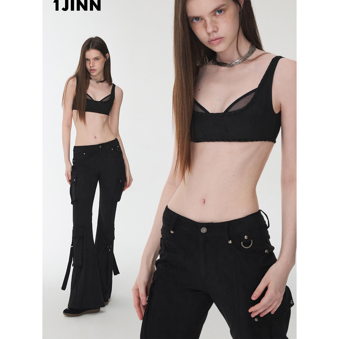 【25冬新VOL.4】1JINN STUDIO 假两件麂皮网纱穿绳绑带性感上衣