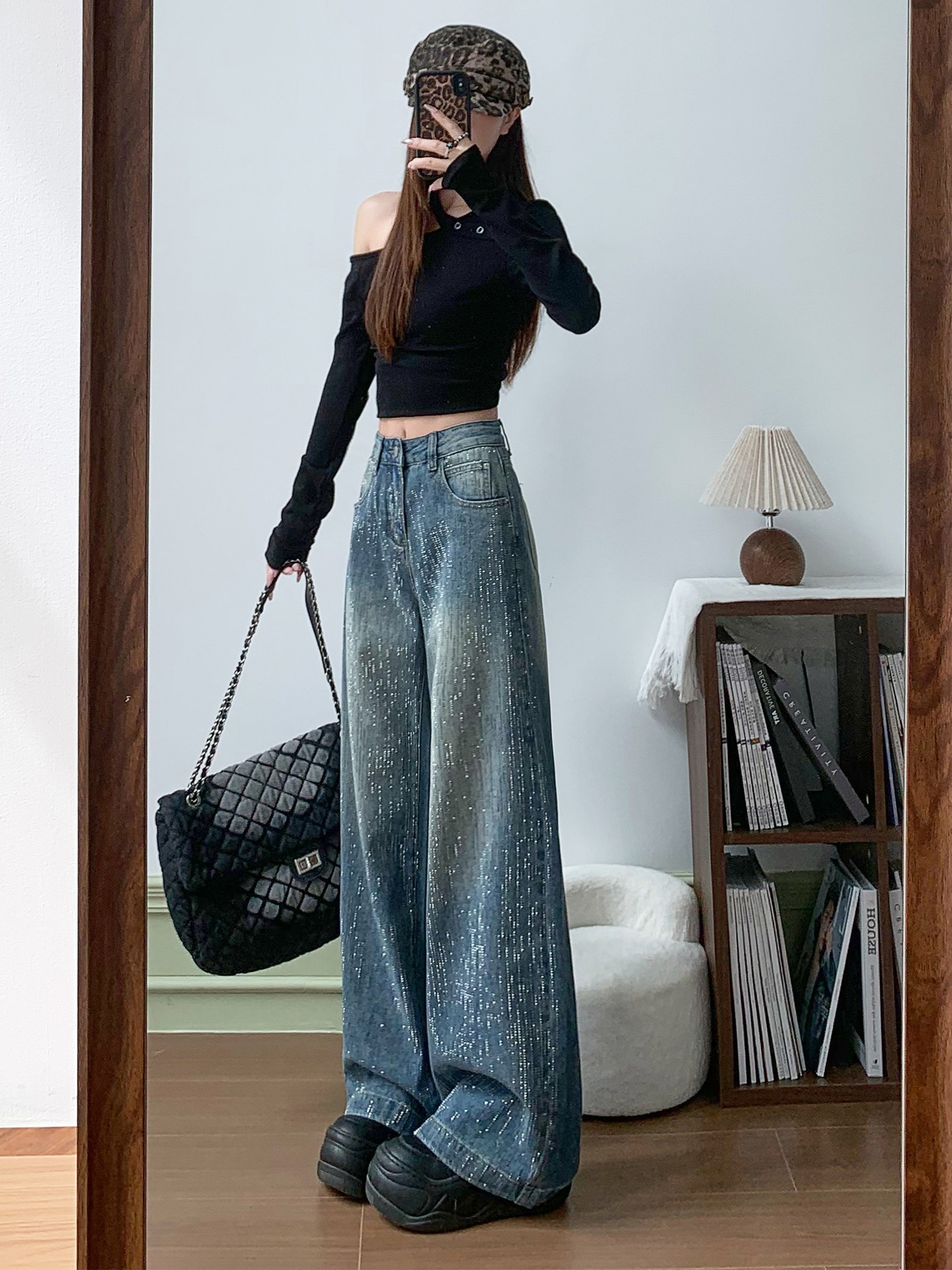 美式高街烫钻牛仔裤女冬季加绒胖妹妹mm高腰宽松显瘦直筒阔腿长裤