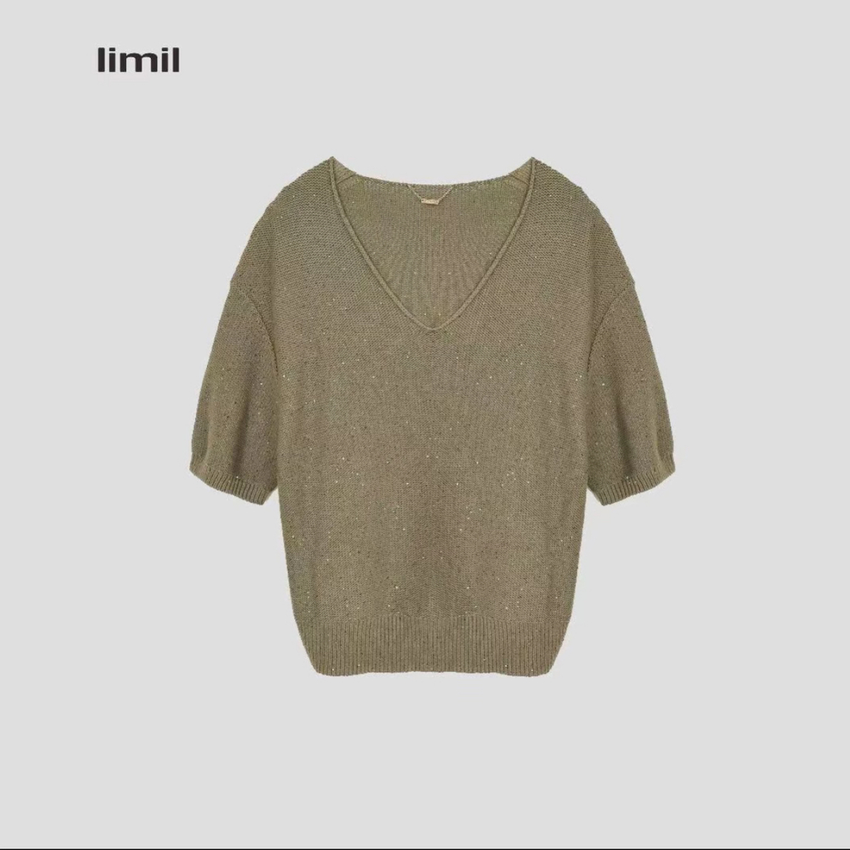 limil/丽米儿米色亮片气质时尚百搭套头针织短袖9399081