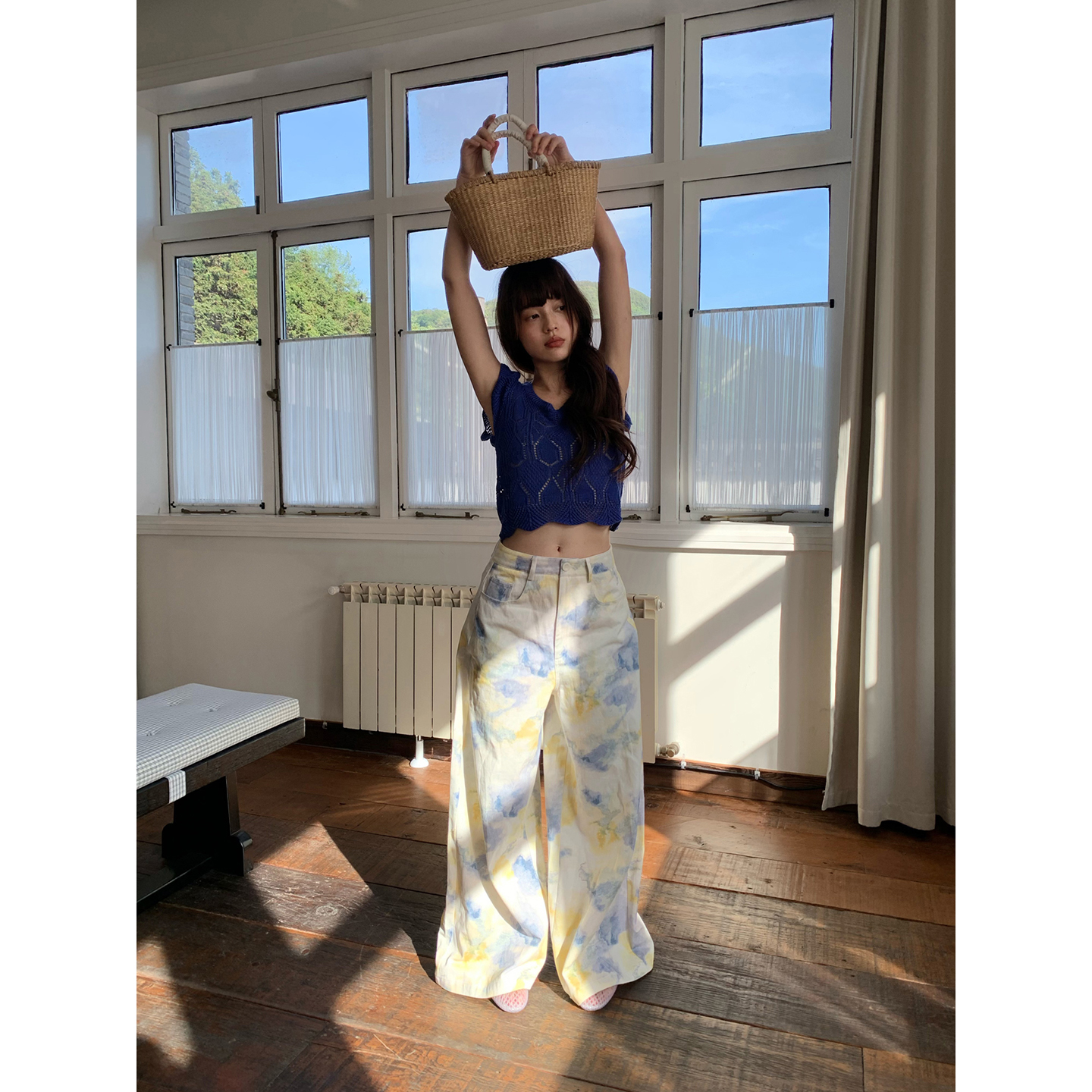 NEWOPEN十三行2025夏潮流宽松韩版油画印花高腰阔腿休闲裤女S5312