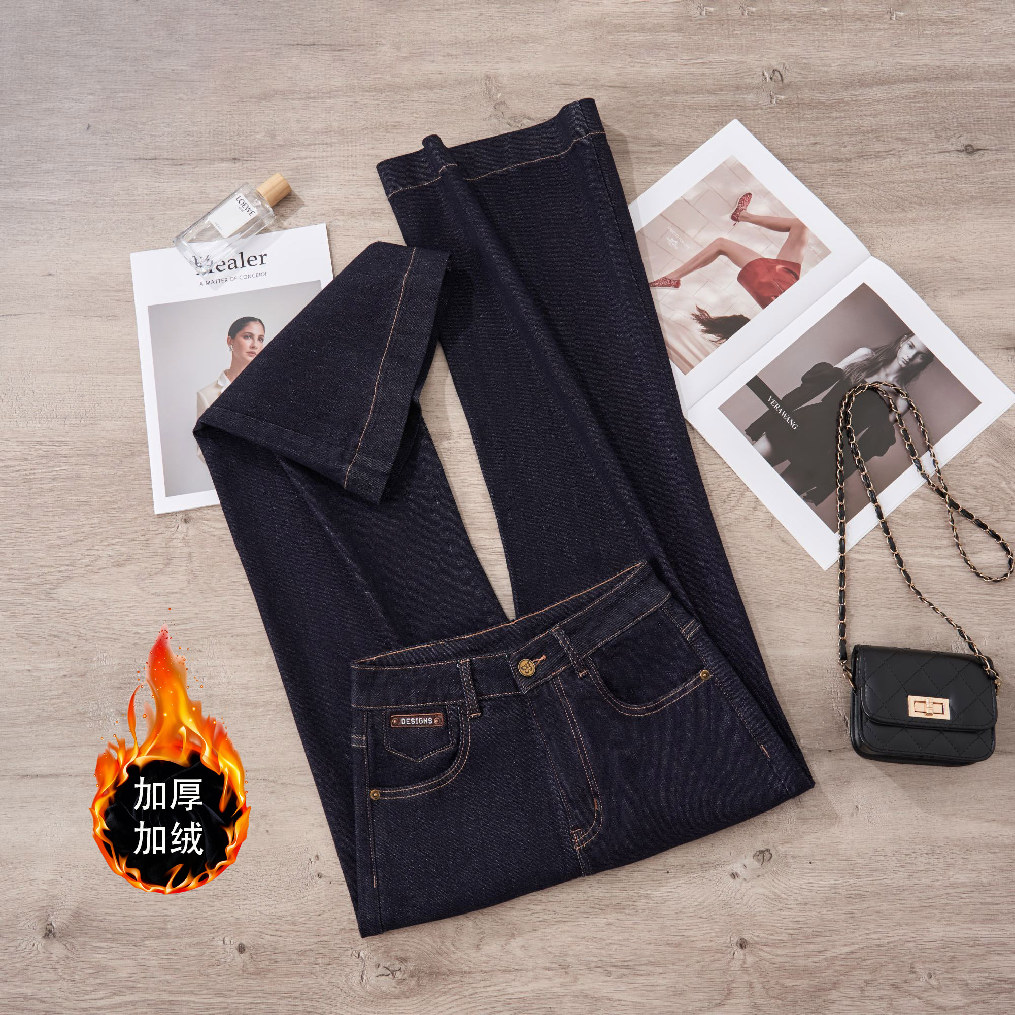 秋冬加厚有加绒弹力显瘦高腰直筒喇叭裤女牛仔裤女韩版直筒时尚l