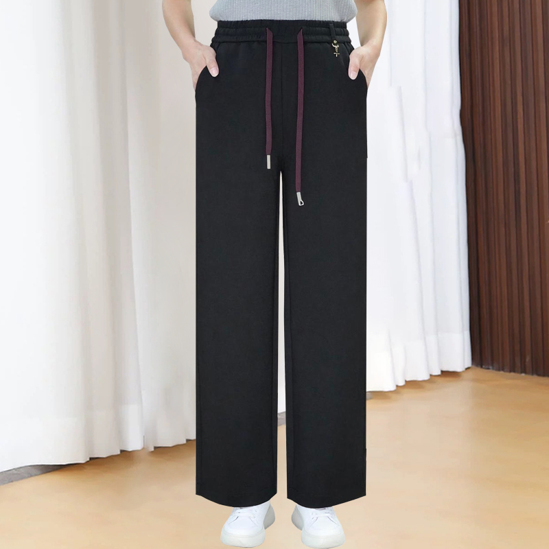 松紧高腰抽绳阔腿裤女2025秋季新款显瘦宽松垂感拖地直筒长裤