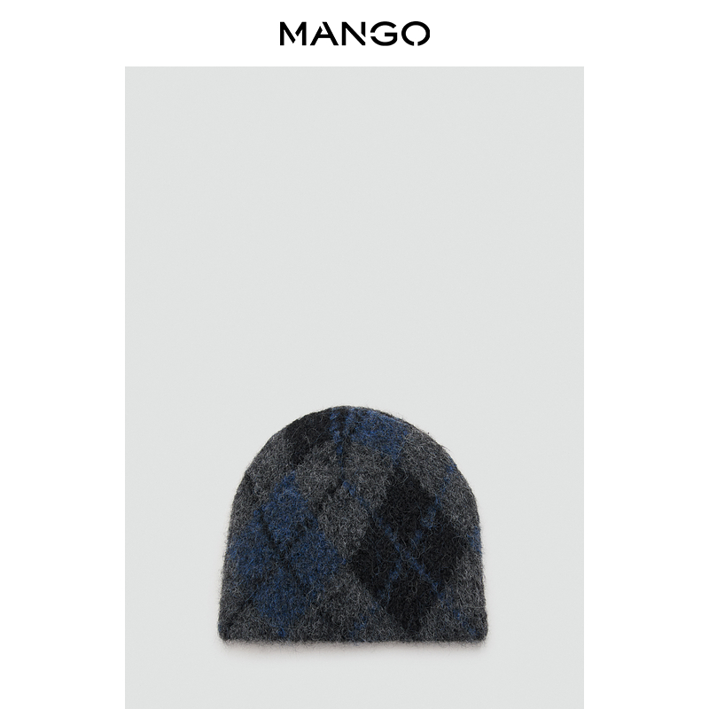 MANGO女装帽子2025冬装新款复古菱形格纹羊毛混纺针织帽冷帽