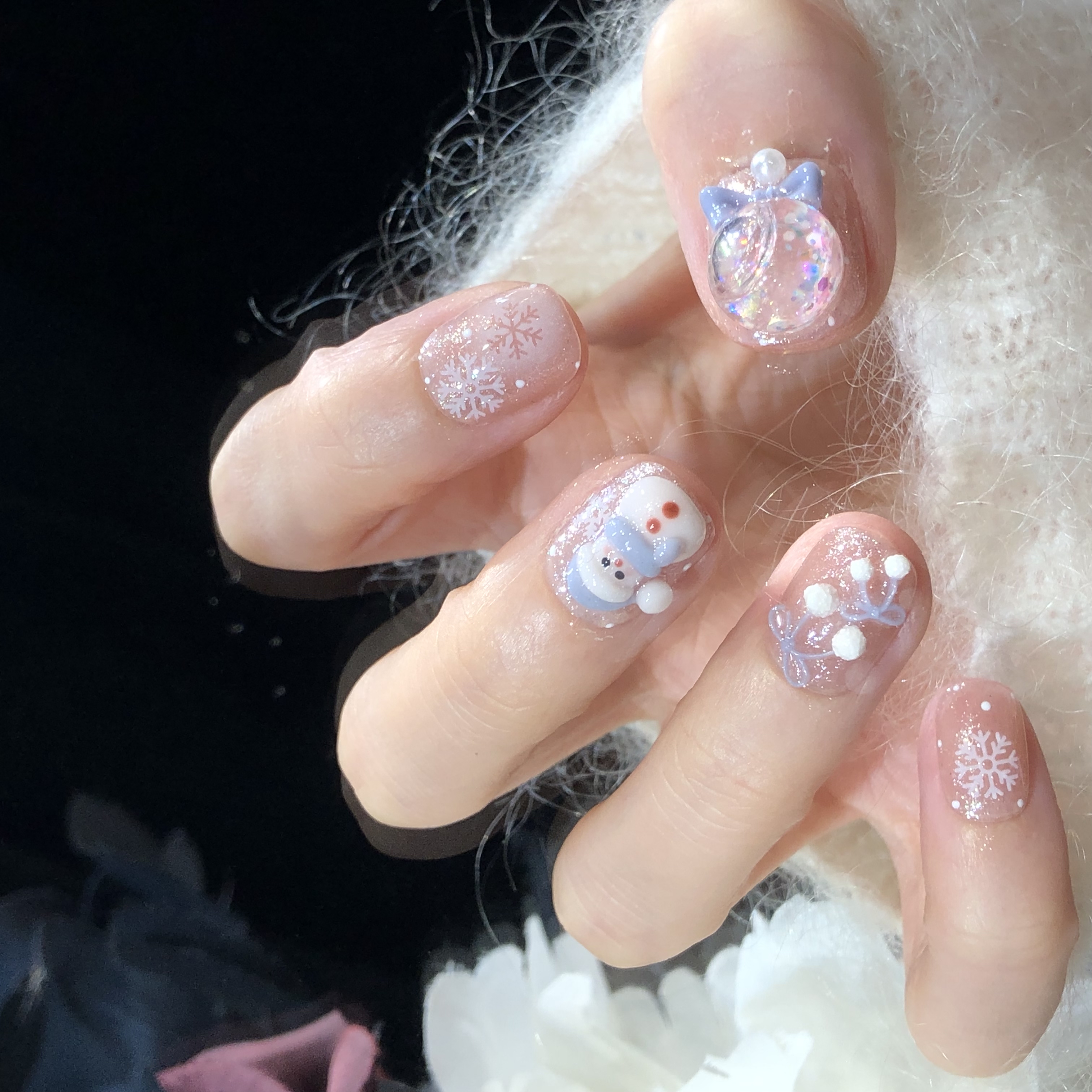 喵公子【雪人祈愿】【水晶球设计师款】纯手工穿戴甲可拆卸美甲光疗甲