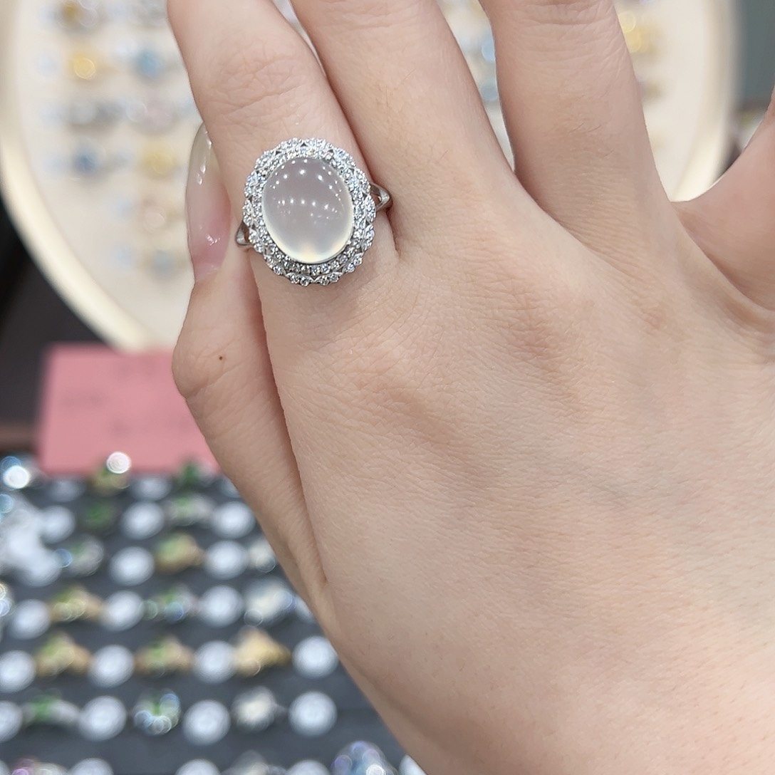 蛇纹石玉戒指银S925镶嵌夏*