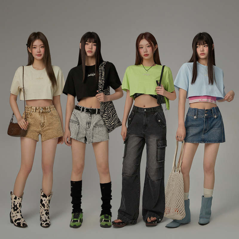 D008K【金拐子专属】CHUU字母音符刺绣设计磨破短款宽松T恤-F