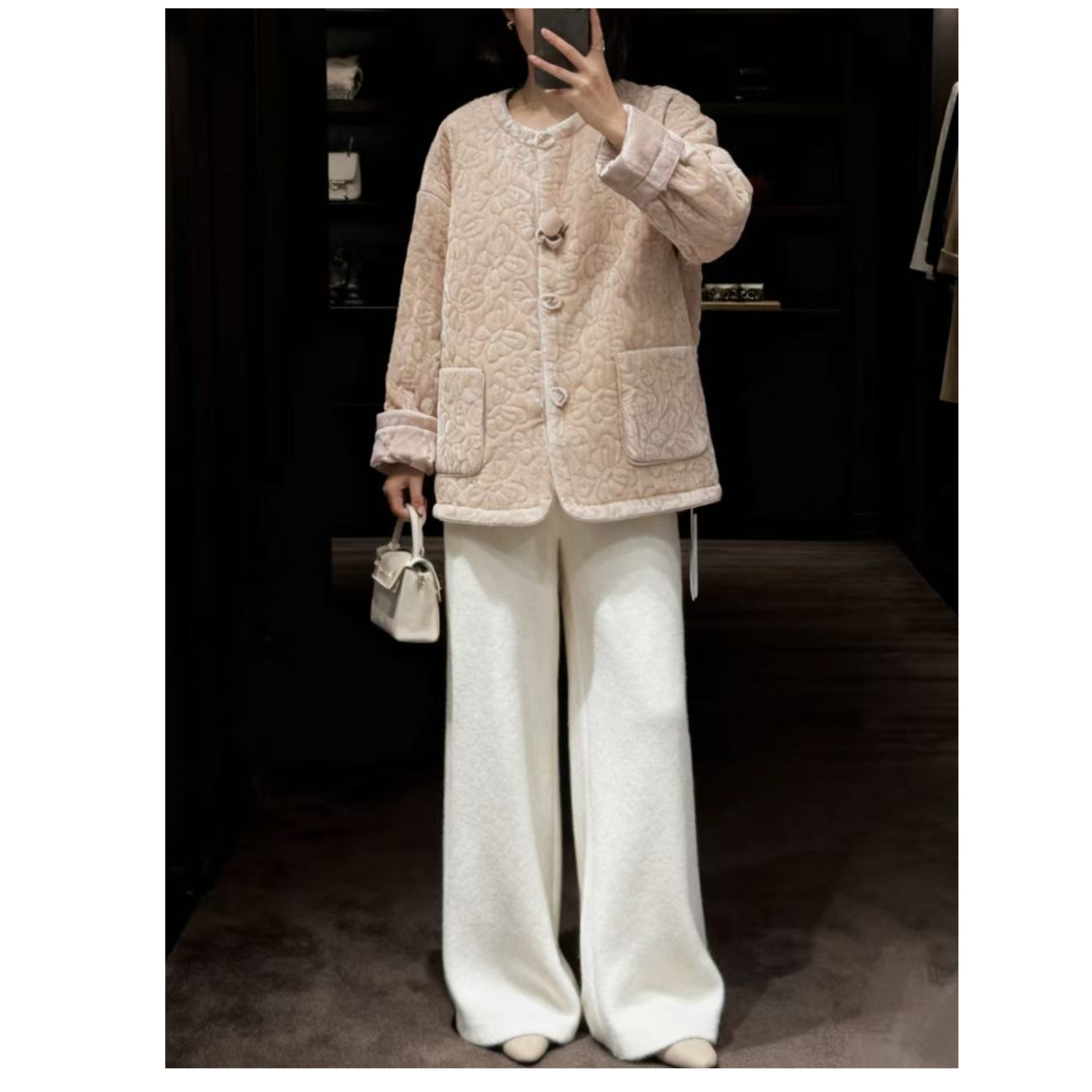 YN L胸122长66小众绒面温柔减龄圆领长袖棉衣外套 4387