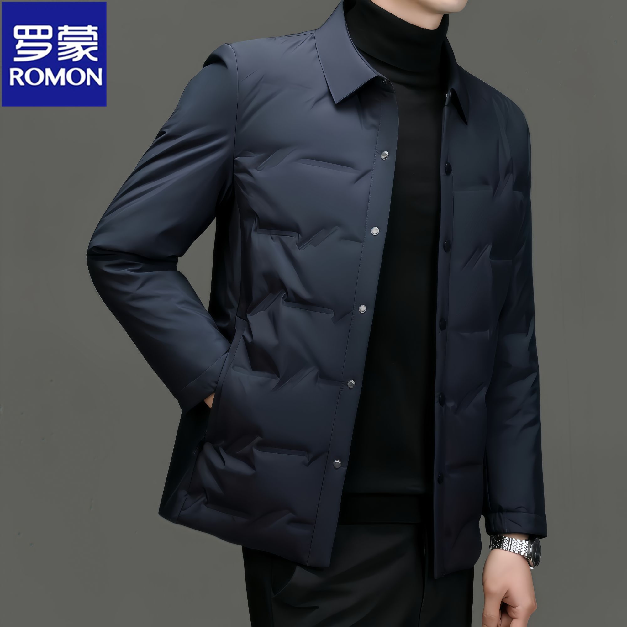 Romon/罗蒙冬季新款男士衬衫领轻薄羽绒服商务休闲青年保暖外套潮