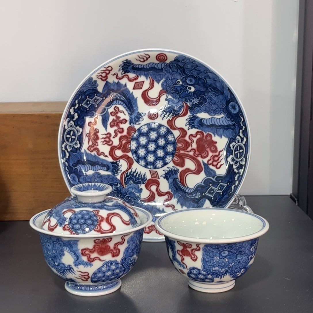 青花釉里红二代狮子三件套 可拆分