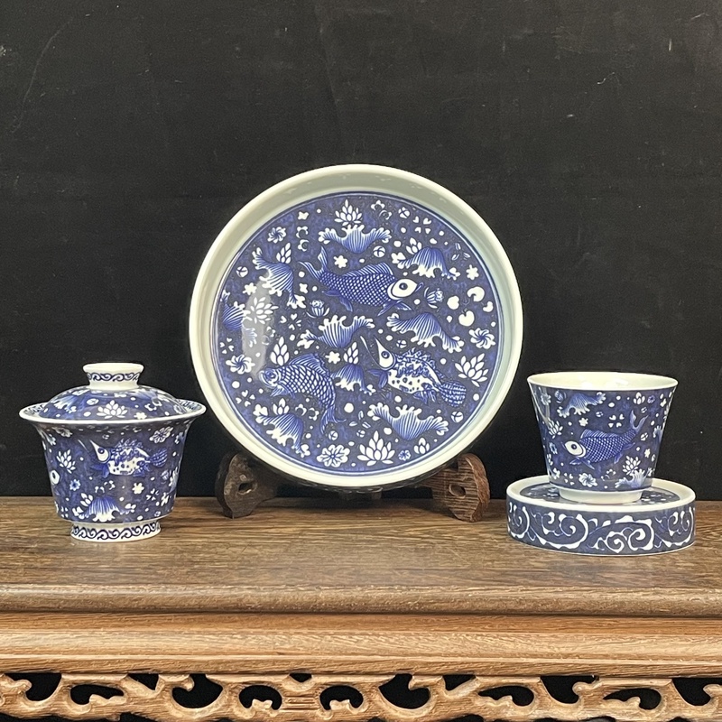 景德镇陶瓷青花瓷青花鱼藻茶具套组整套茶器家用高端茶器功夫茶器