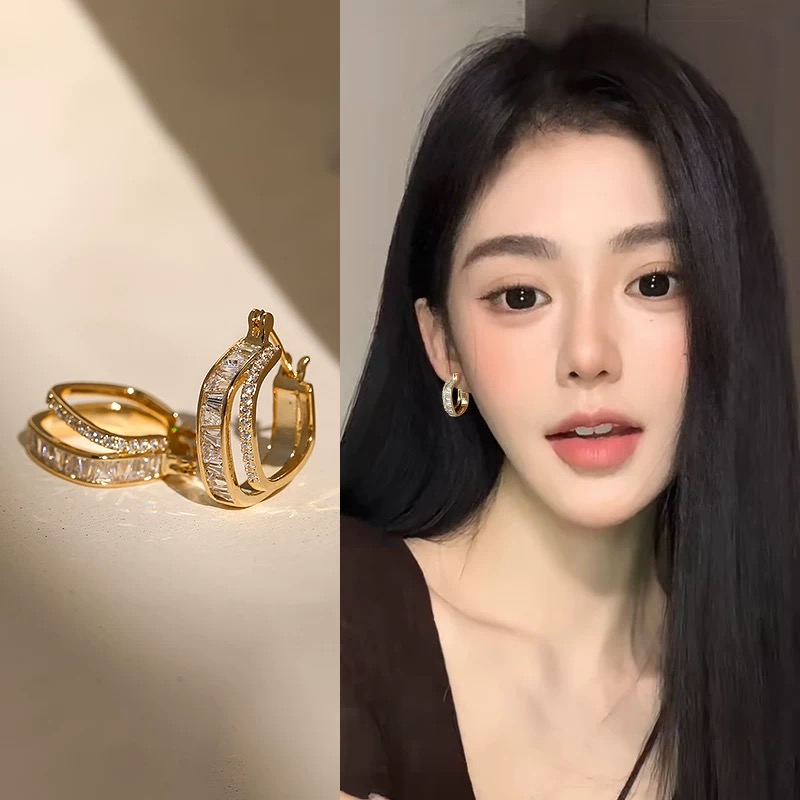 铜合金耳饰 日韩气质时尚简约微镶双层耳扣耳钉8707