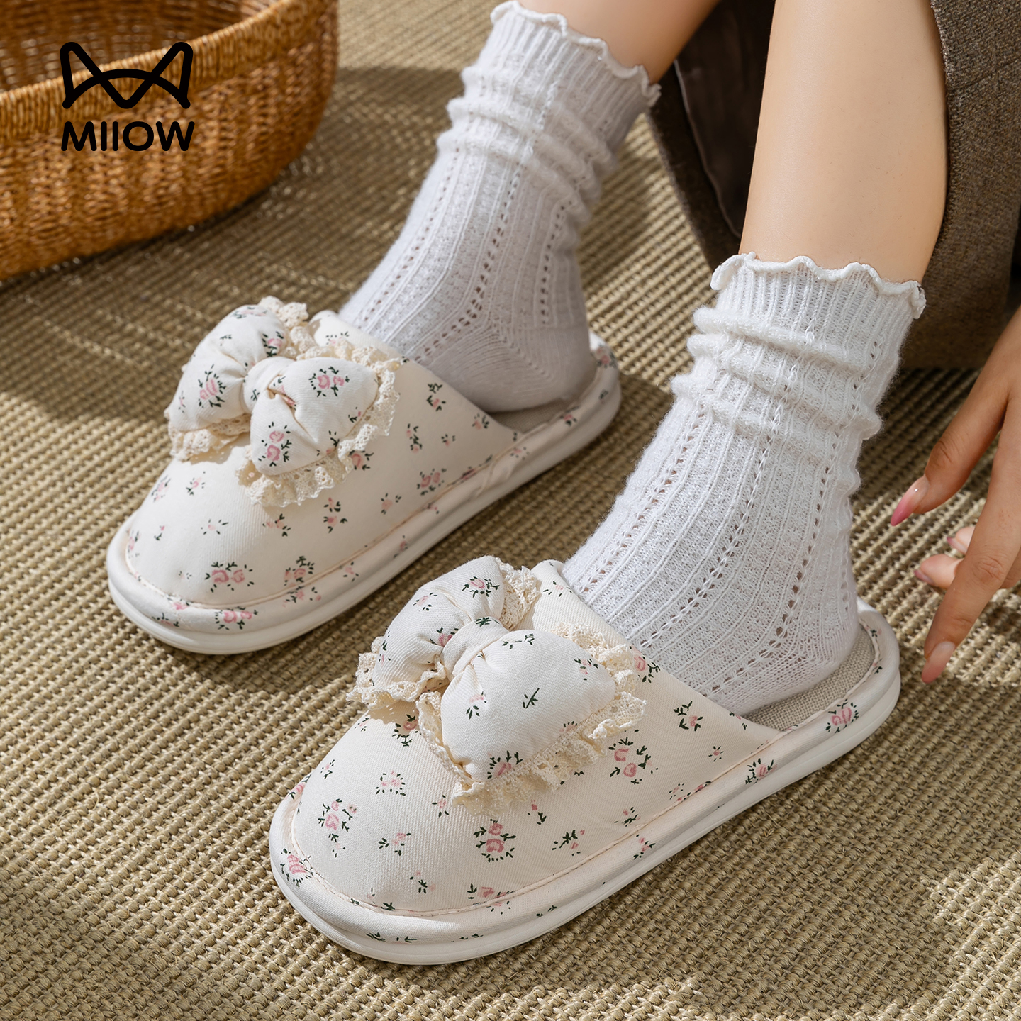 猫人优选碎花蝴蝶结棉女款秋冬2025新款室内家居防滑防臭保暖