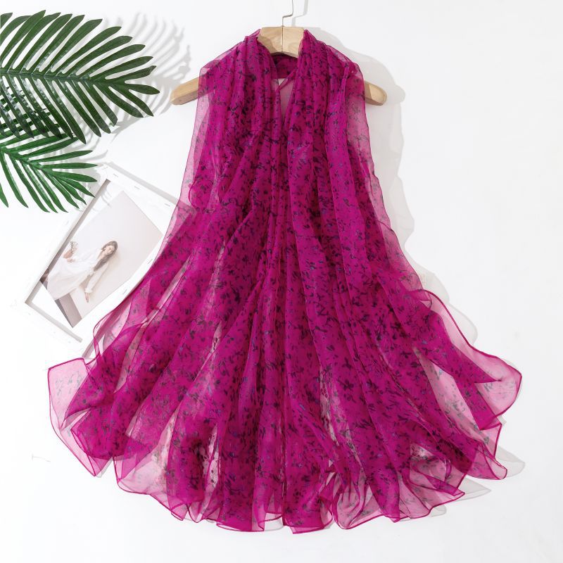 高档优雅女士纱巾百搭长款披肩时尚气质丝巾橙色围巾洋气花丝