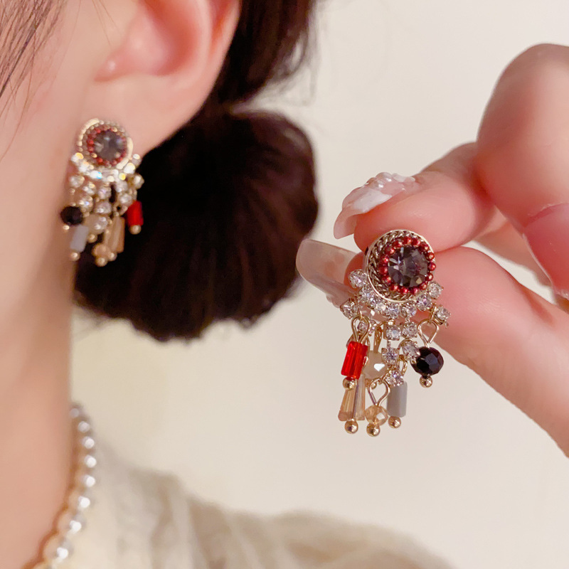 黄铜陶瓷耳饰 法式复古风手工镶钻圆环流苏个性时尚轻奢百搭超亮