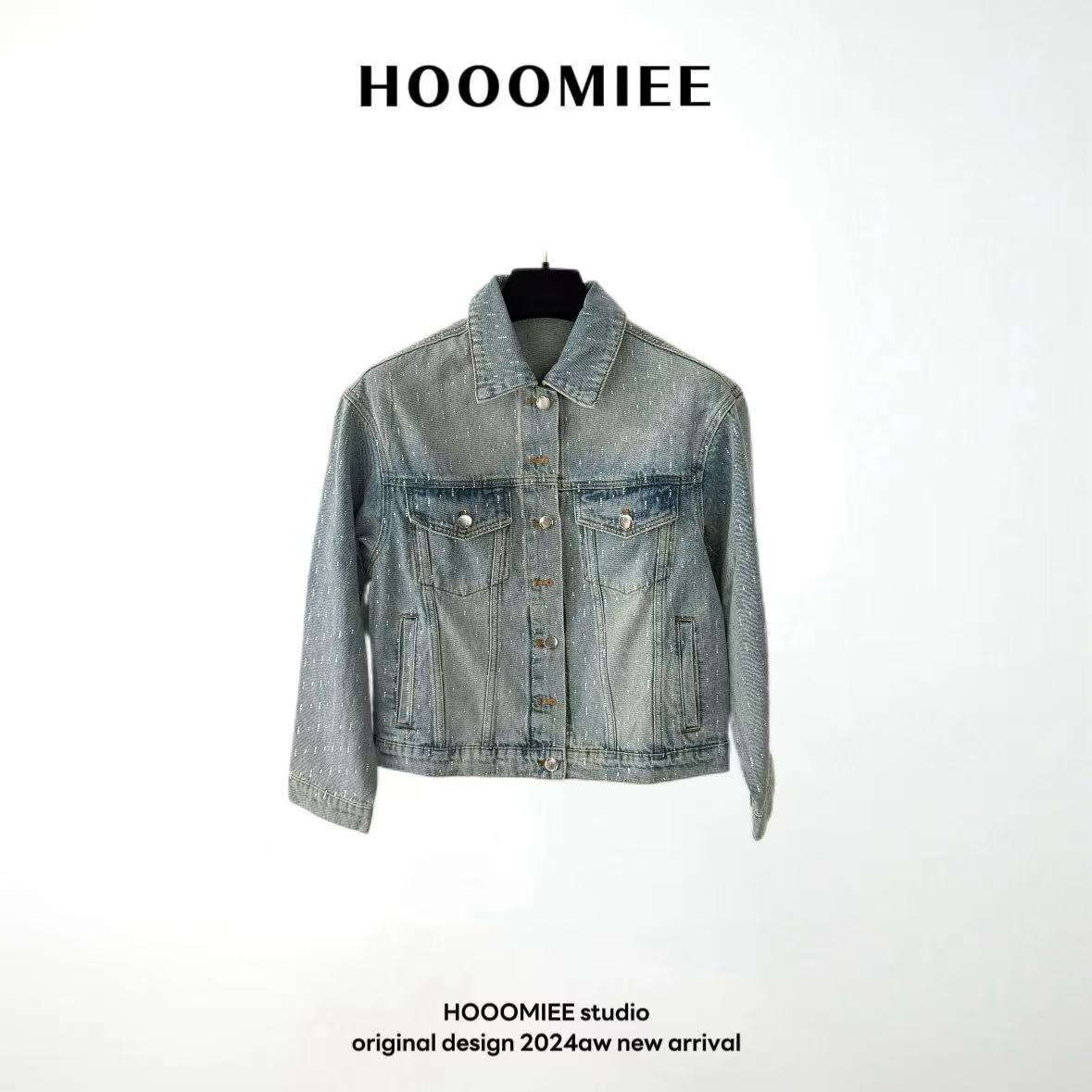 Hooomiee烫钻满天星时尚做旧水洗短款女士牛仔衣1688