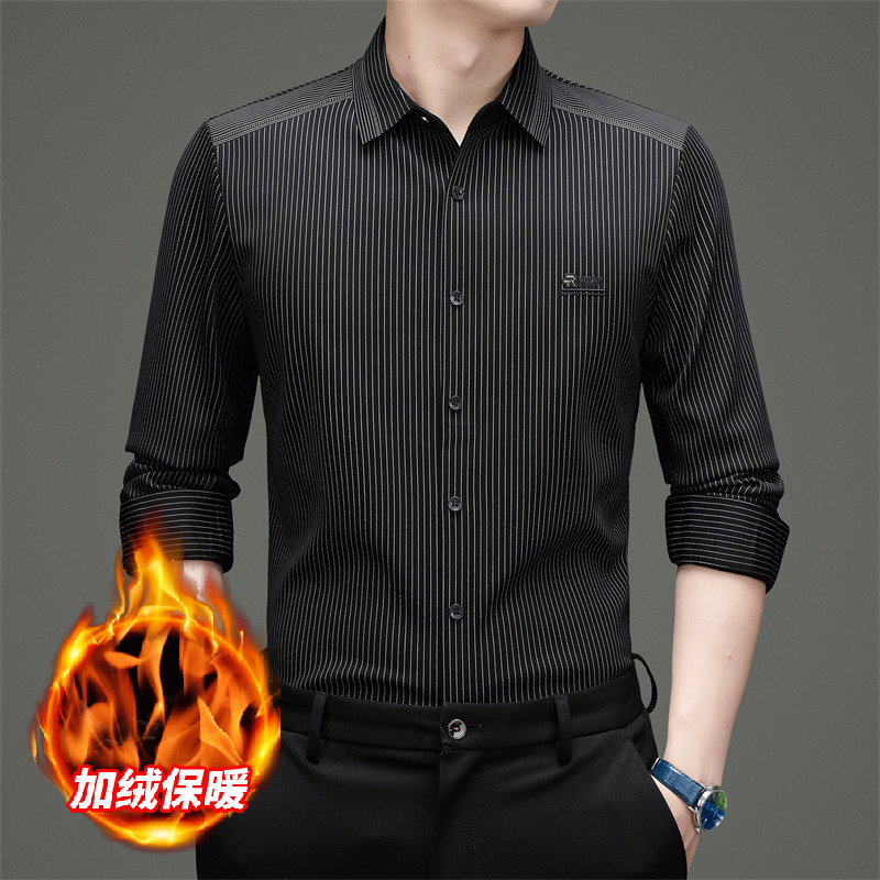 老爷车男冬季衬衣加绒加厚竖条纹免烫气质中年爸爸保暖轻奢男装