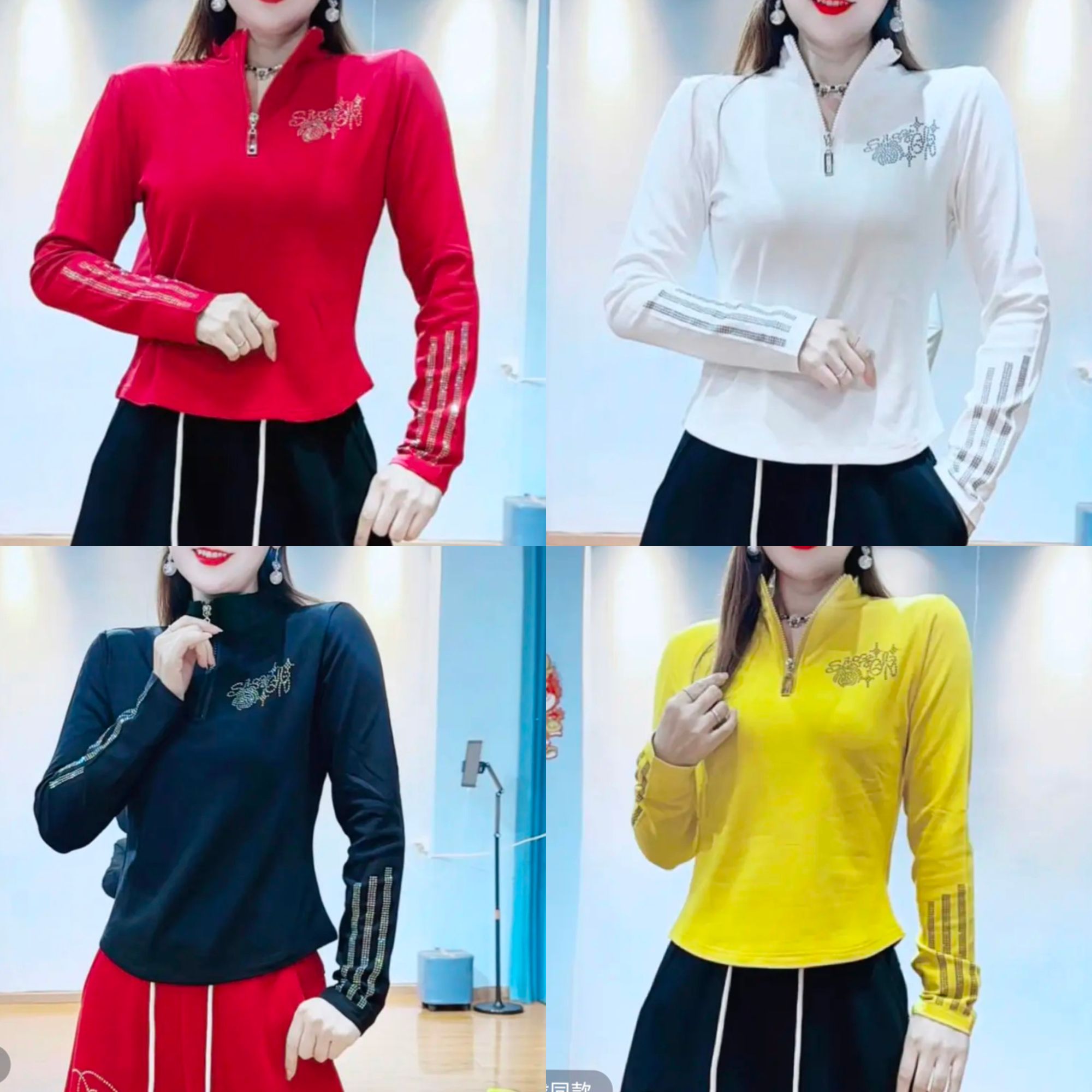 秋冬新款烫钻磨毛拉绒柔软亲肤高弹力半拉链长袖T恤女上衣1123