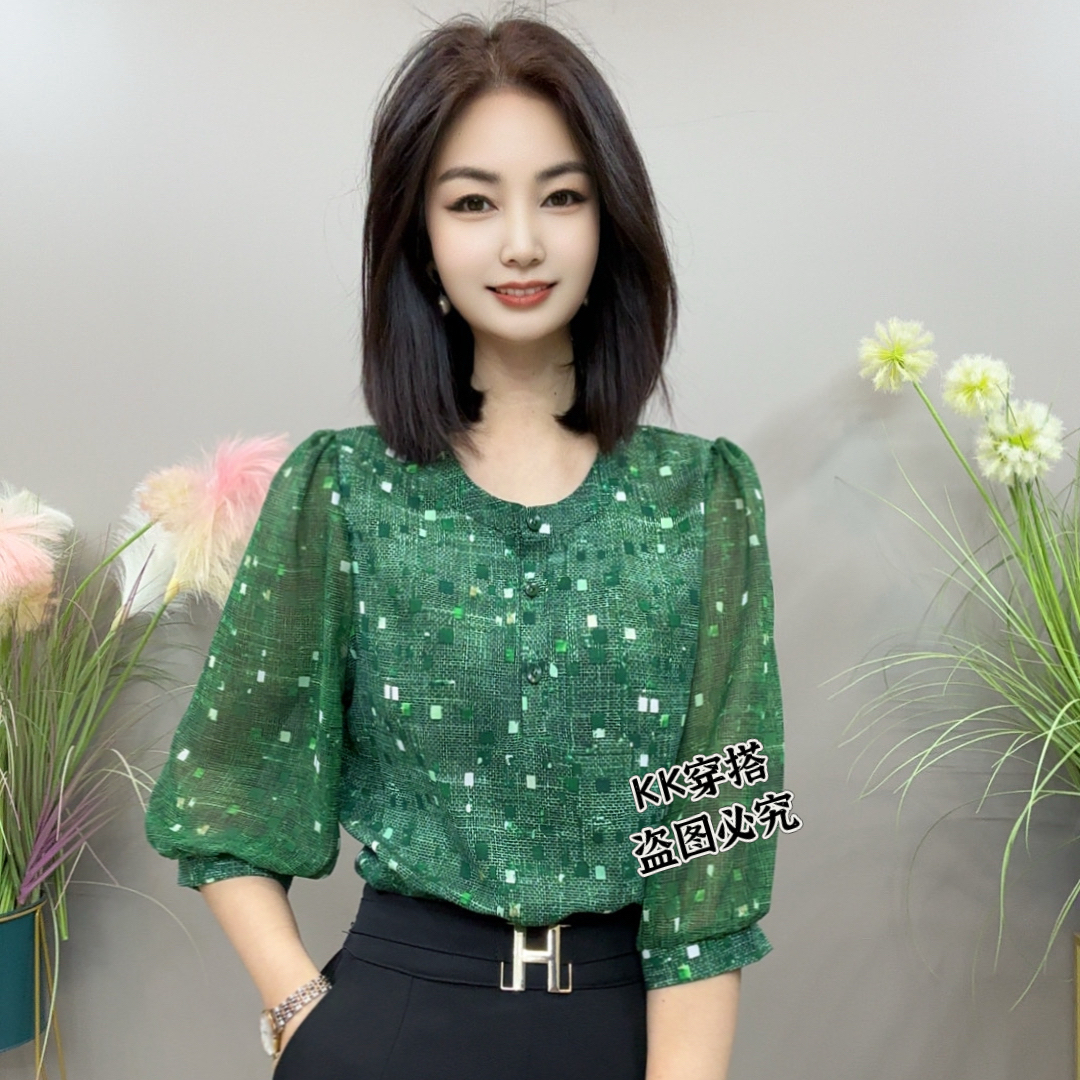 【KK】LLH25105夏季新款格子花色七分袖款气质百搭衬衫