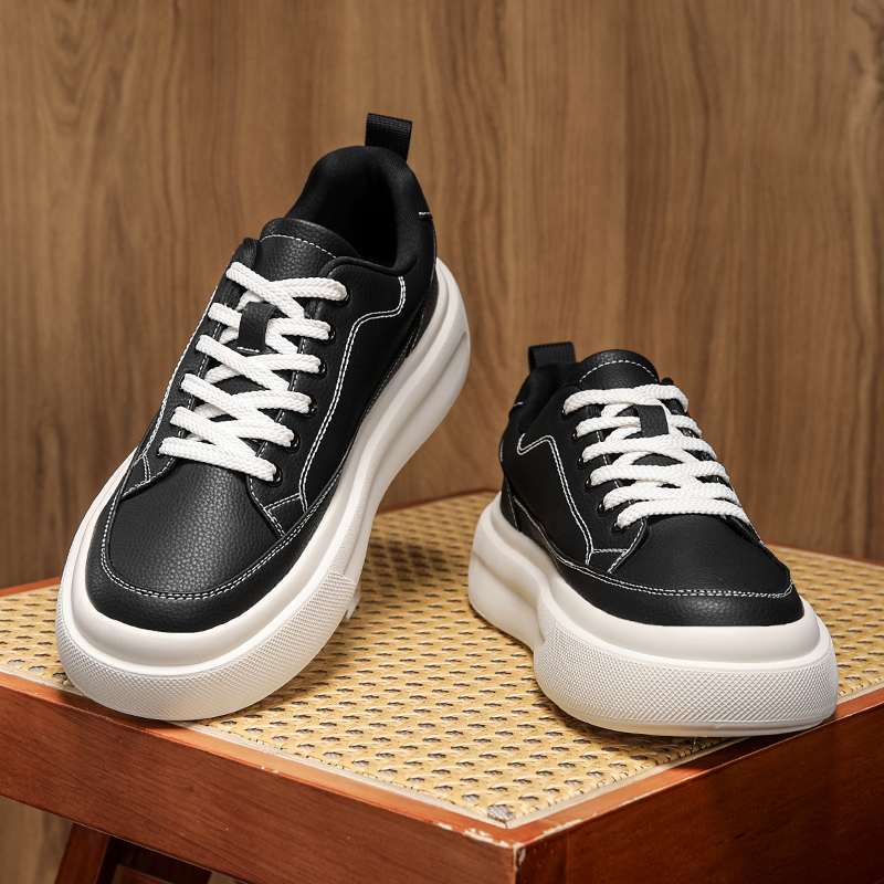 秋冬款 简约百搭休闲板鞋软底增高男鞋纯色皮面