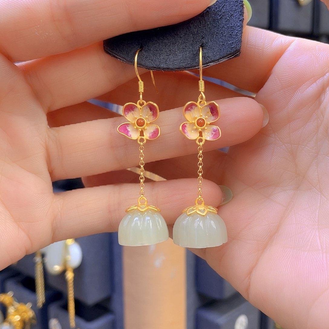 和田玉耳饰银S925镀金镶嵌