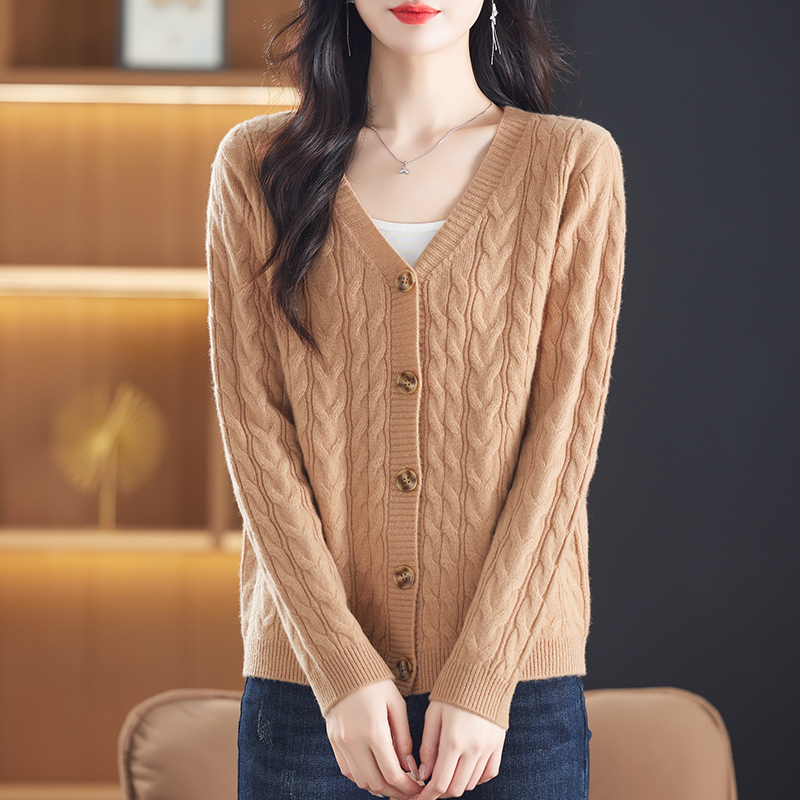 100%绵羊毛女士开衫冬季保暖毛针织衫洋气女V领百搭