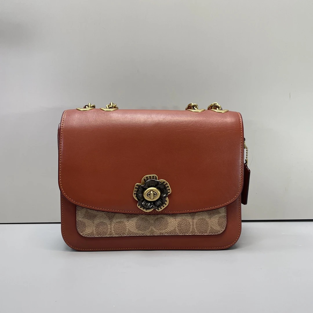 90新 COACH/蔻驰 madison24红棕老花山茶花24*18*8cmE012514