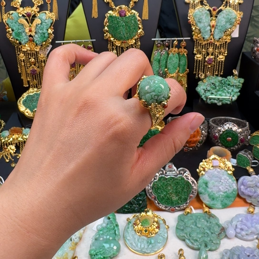 翡翠银S925镀金镶嵌颈饰戒指炸价