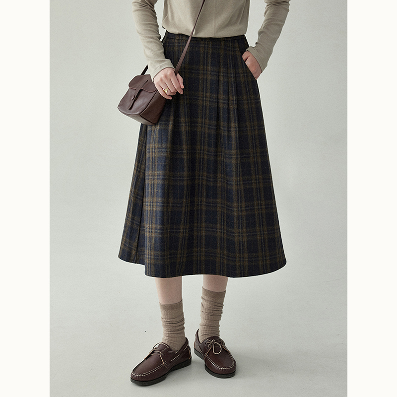 「北岛AMUU」法式复古高腰压褶格纹半身裙秋冬显瘦毛呢百褶a字裙