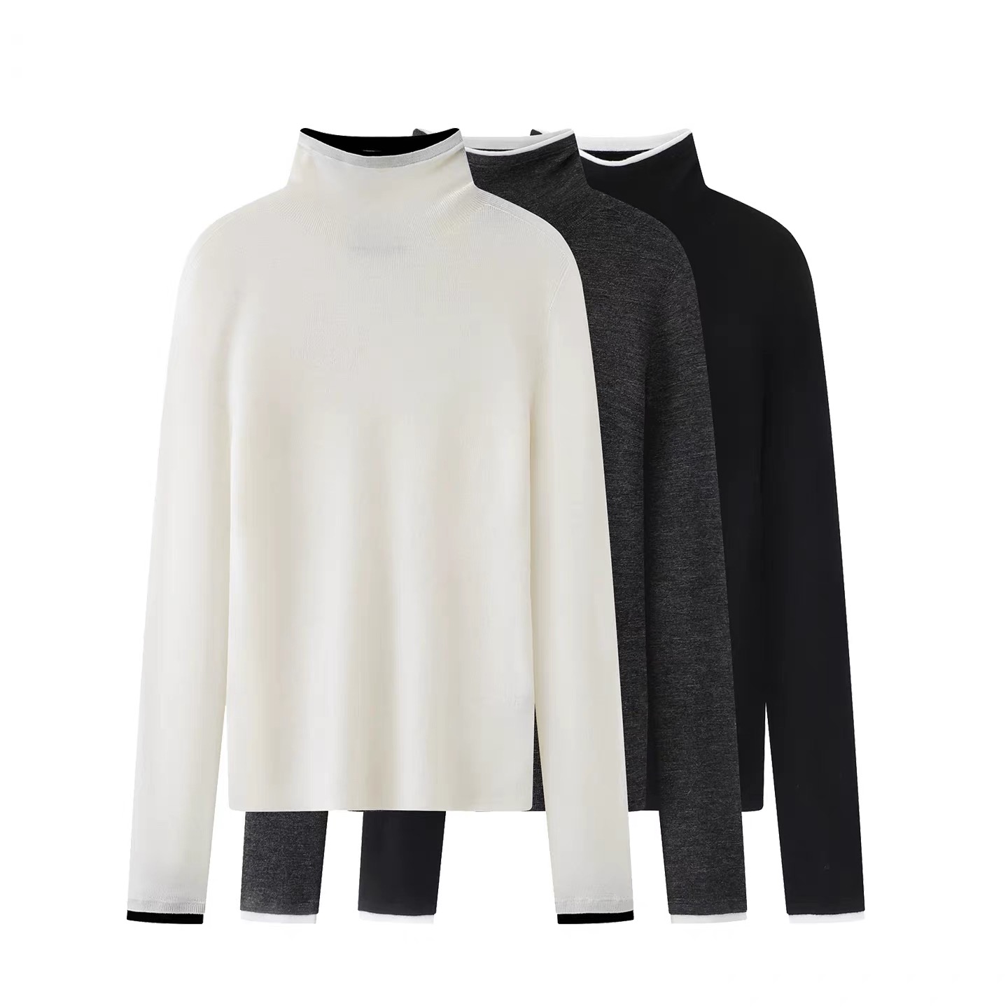 【简约】秋冬新款气质百搭拼色立领撞色边修身假两件针织衫3053