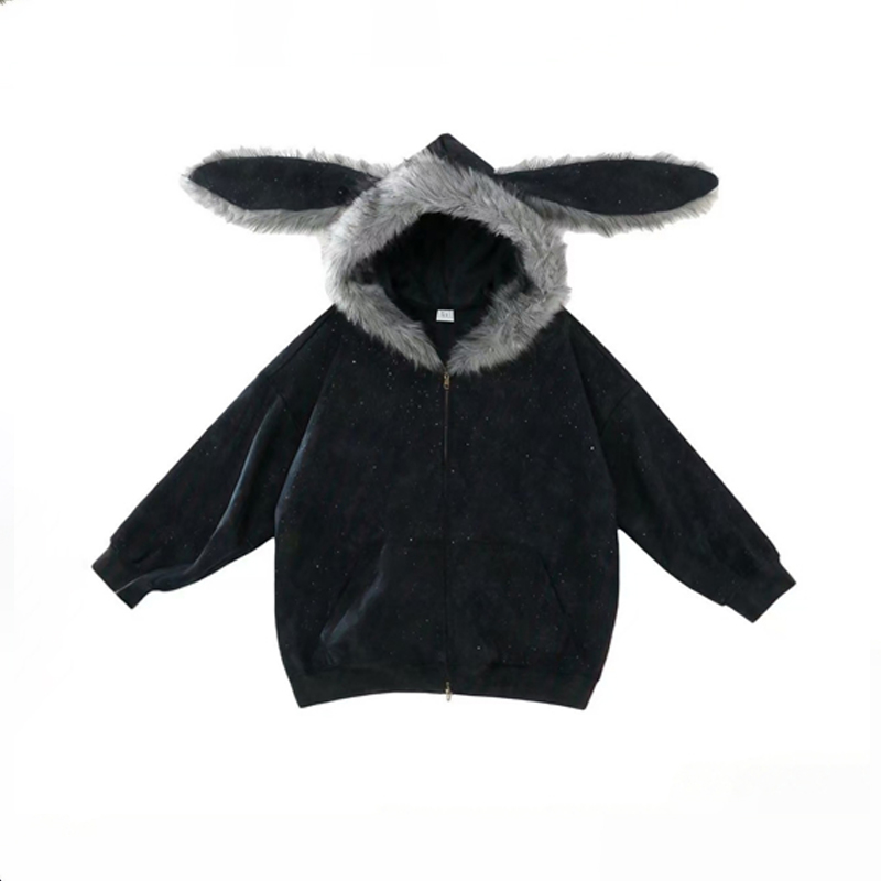 美式满天星毛领兔耳朵加绒连帽女秋冬季宽松慵懒风开衫两件套卫衣