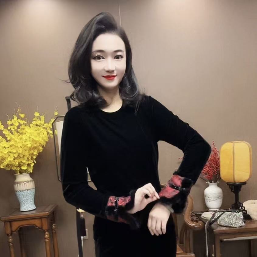 【峰姐优品】80831【WQ】貂毛袖口国风锦缎拼接丝绒衬衫