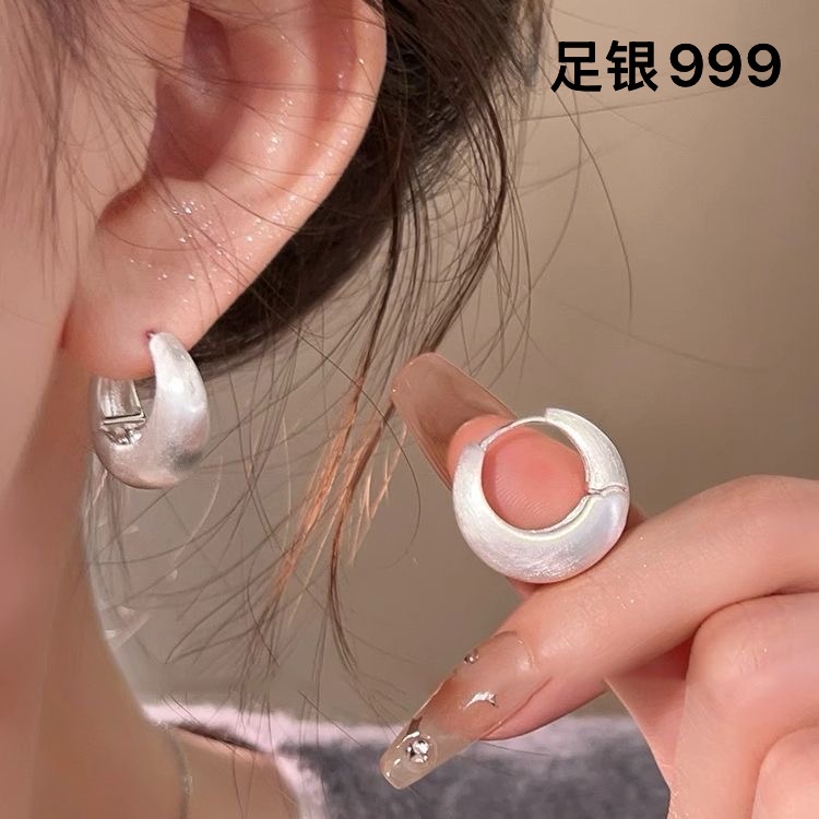 足银银制品 法式拉丝C形素圈耳环新款爆款高级感耳钉气质独特耳饰